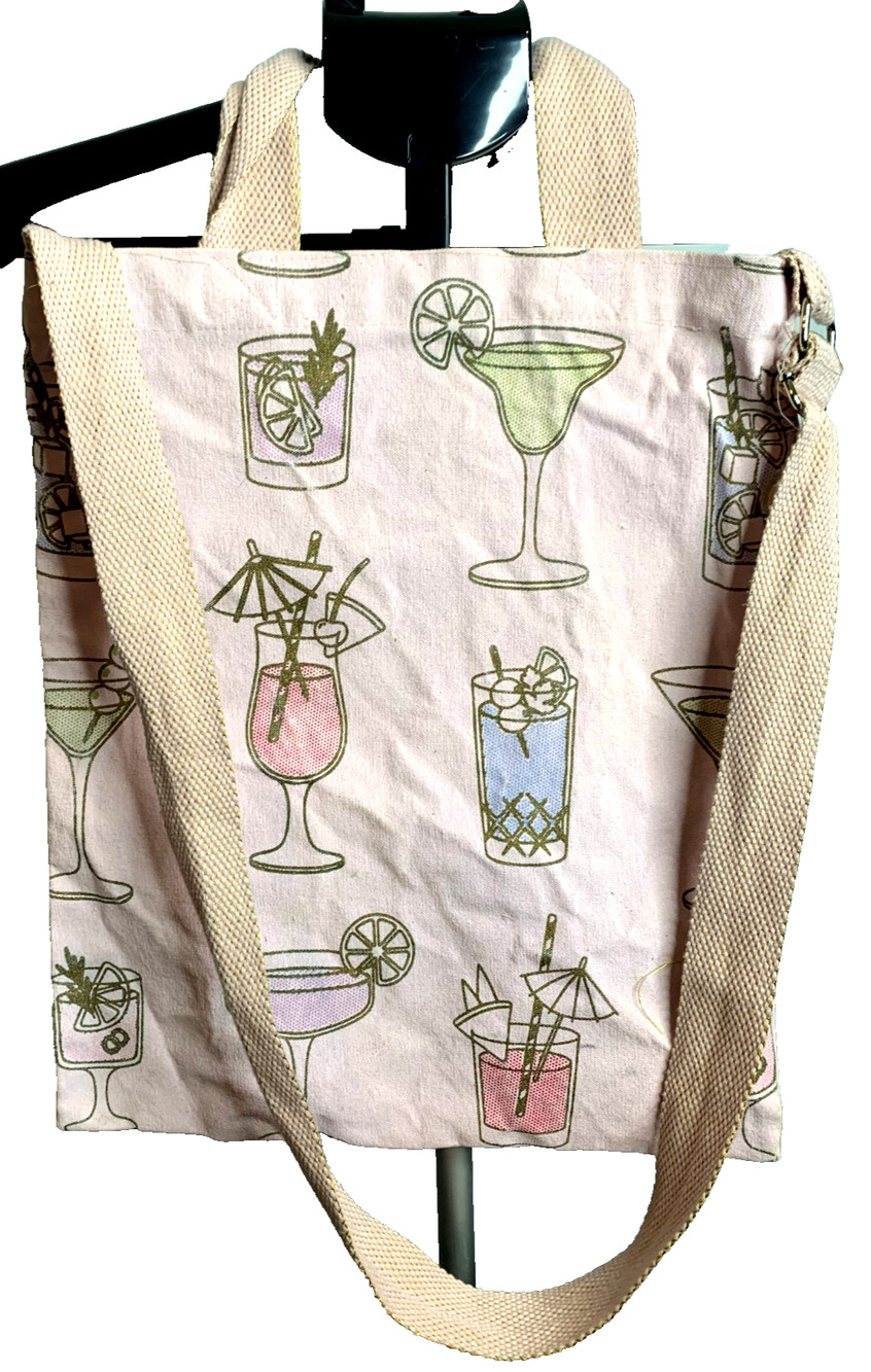 Pink Cotton Tote/Crossbody Bag with Retro Cocktail Illustrations Gold Outlines